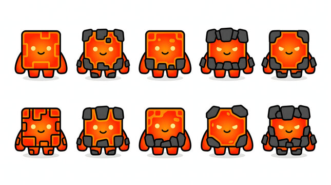 Set of fire elemental magma cube golems with stone armor for mobile game character assets