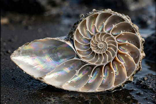 Cross section of a chambered nautilus shell Nautilus pompilius from the Indo Pacific region revealing internal spiral chambers and iridescent mother of pearl resting on wet dark sand