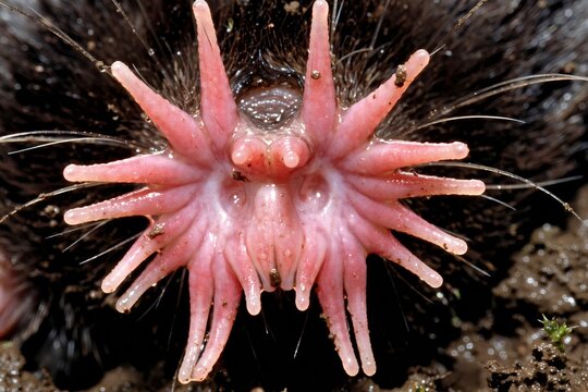 Extreme close up of the pink star shaped snout of a starnosed mole Condylura cristata native to North America covered in fleshy tentacles used for foraging in the dirt