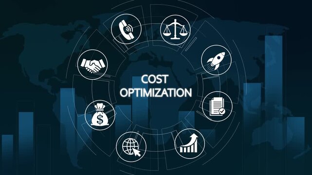 Cost optimization business strategy concept with digital infographic icons and global data analytics