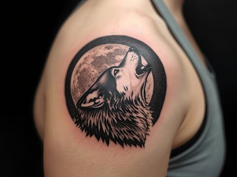 Howling wolf tattoo with moon in circle on shoulder
