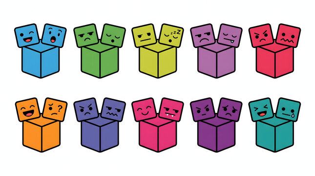 Colorful cubic characters featuring a variety of unique facial expressions and moods