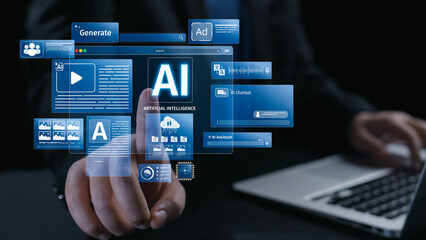 Obraz premium AI Assistant Brain Processor with LLM Technology, Big Data, Machine Learning, Generative AI for Business Support, Future Agentic AI Technology and Artificial Intelligence Prompt Engineering. Elide