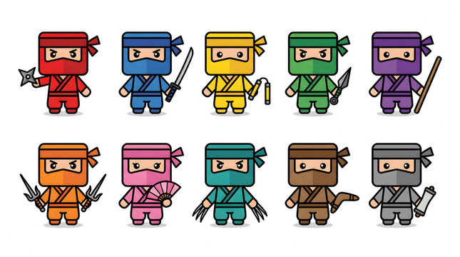 Set of ten colorful chibi ninja characters holding various traditional Japanese martial arts weapons