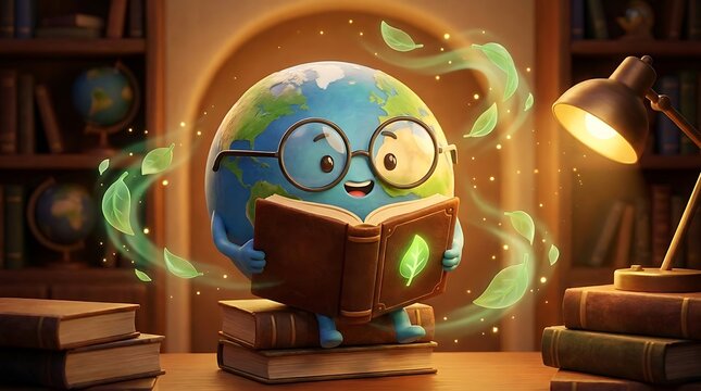 Cartoon earth globe with glasses reading book surrounded by floating green leaves in cozy library setting for education