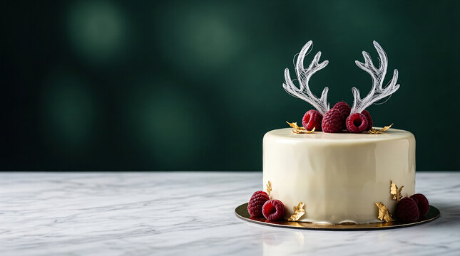 Minimalist luxury white Christmas cake with reindeer antlers and raspberries, festive copy space