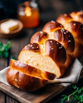 Freshly baked challah bread, sliced and ready to be served with butter. The bread is golden brown and has a rich, eggy aroma