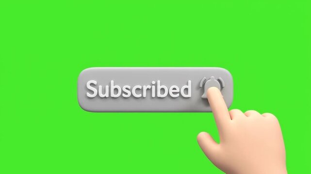 3D hand pointer clicking YouTube red subscribe button animation on green screen chroma key