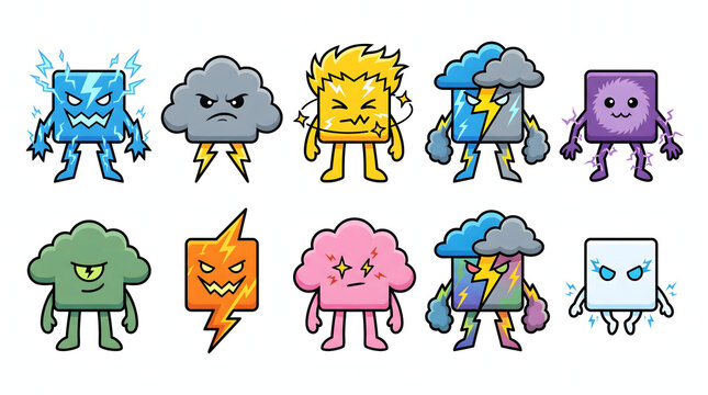 Cartoon thunderstorm monster collection with electric lightning and stormy cloud creatures
