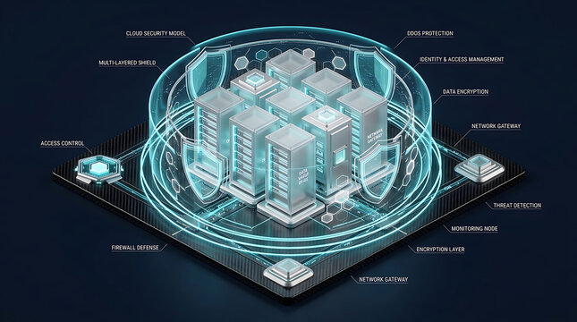Cloud Security Datacenter Server Racks and Firewall Shield Dome