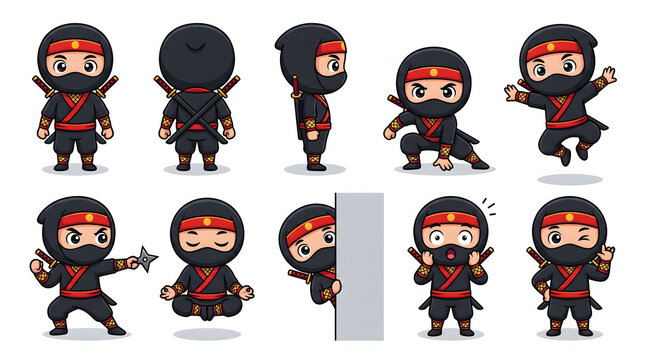 Little ninja warrior character mascot set with multiple action poses and facial expressions