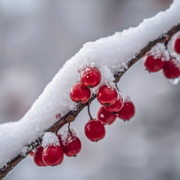 A close-up of bright red berries covered in a delicate layer of fresh snow, clinging to a branch in a winter landscape. The image captures the stark beauty of nature during the colder months.