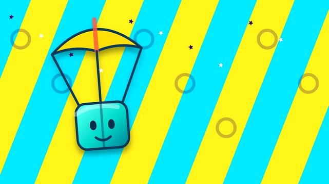 A cute smiling blue box character descends using a yellow parachute representing a swift parcel drop during a festive black friday retail event promotion graphic style