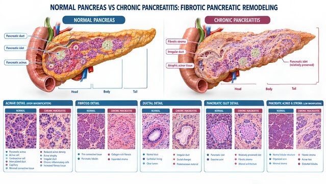 Professional 3D medical infographic comparing normal pancreas and chronic pancreatitis, highlighting acinar tissue, fibrosis, ductal changes, inflammation, islets, and realistic microscopic pancreatic