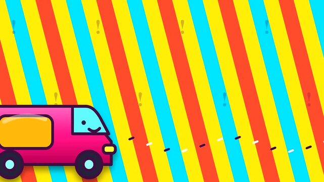 a colorful pink delivery van cruises past striped backdrops during a festive black friday event promoting efficient parcel drop services for happy local home customers