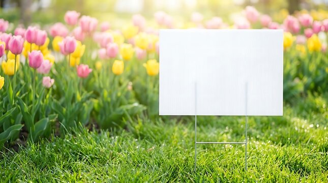 White blank yard sign stands in vibrant garden bed full of pink and yellow tulips and lush green grass