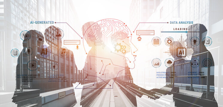 Futuristic Business Meeting Emphasizing AI Data Analysis and Technology in Urban Environment with Silhouetted Figures and Digital Icons Fluxor.