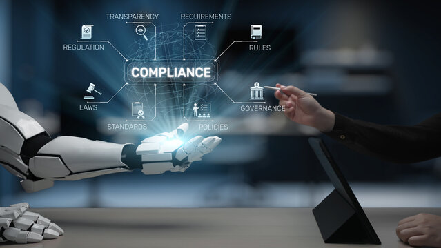 A dynamic interaction between a robotic arm and human hand symbolizing compliance in governance, focusing on regulations and policies in a modern business environment. Salient