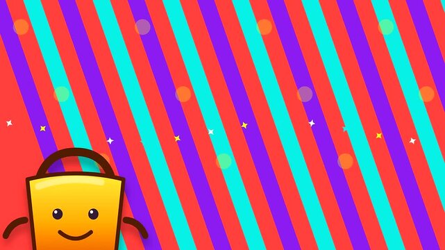 A smiling yellow shopping bag mascot illustration captures the excitement of black friday sales as a parcel drop delivery animation with vibrant striped colorful patterns