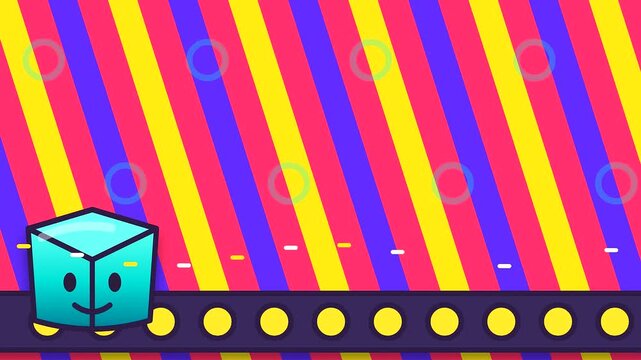 A cute cyan cubic character moves along a digital belt for a parcel drop during a festive black friday sale featuring vibrant diagonal colorful stripes