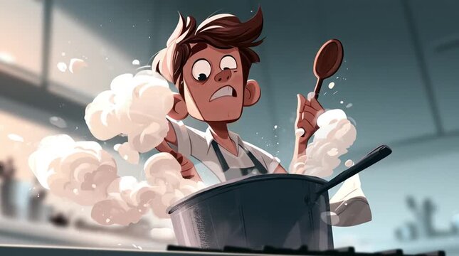 Cooking disaster and kitchen stress concept animated young man struggling with boiling pot and steam in home kitchen 2d cartoon style illustration