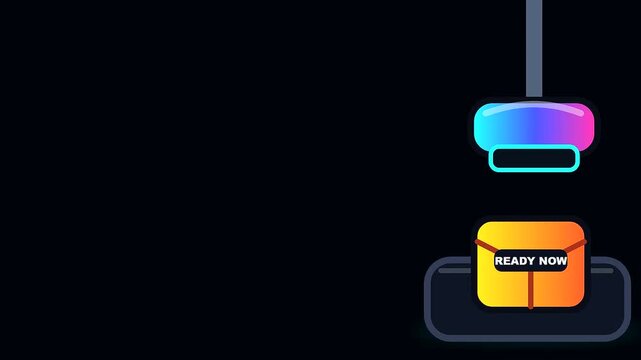 A mechanical stamp marks a parcel drop box during black friday sales while a glowing interface indicates the active status of the automated logistics system processing