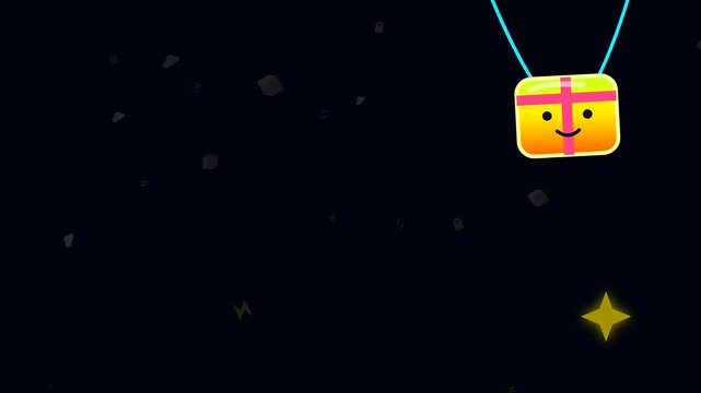 A vibrant digital animation features a parcel drop event during a black friday shopping sale with colorful present boxes descending from the dark space above