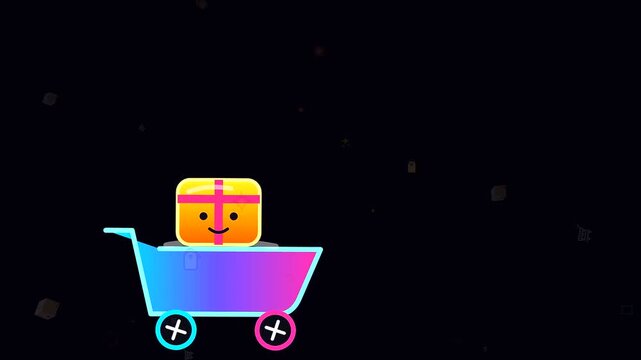 vibrant neon shopping carts carrying happy box parcels moving across a dark screen during a digital black friday event and seasonal parcel drop retail promotion