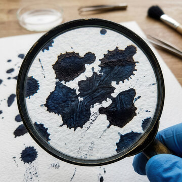 Close Up Of Ink Blots On Paper Under Magnifying Glass