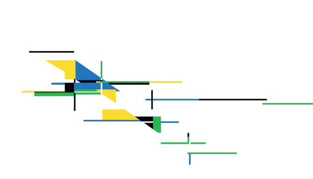 Abstract constructivist geometric design with colorful lines and overlapping block shapes on a white background.
