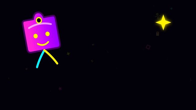 vibrant purple cartoon characters jumping over a black friday event header featuring a festive parcel drop scene for seasonal sales marketing and digital retail shopping promotions