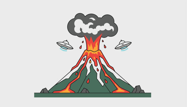 Dramatic volcanic eruption with flowing lava and ash cloud while mysterious flying saucers hover in the sky.