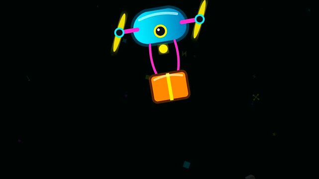 cartoon drones carry glowing boxes during a black friday event featuring aerial parcel drop movements set against a dark starry sky with colorful light elements