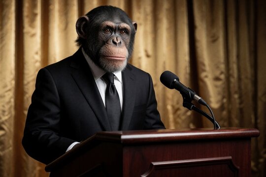 Chimpanzee in a suit stands at a podium ready to speak. Monkey wears formal attire next to microphone, possibly addressing an audience. Animal represents leadership, business, or political commentary.