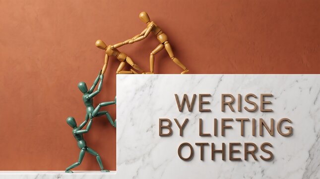 A 3D render illustration of wooden mannequins helping each other climb a marble block featuring the quote 'We Rise By Lifting Others' symbolizing teamwork and mutual support.