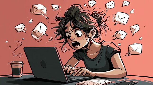 Digital burnout and email overload concept stressed woman working on laptop with flying message icons cartoon style illustration of remote work stress