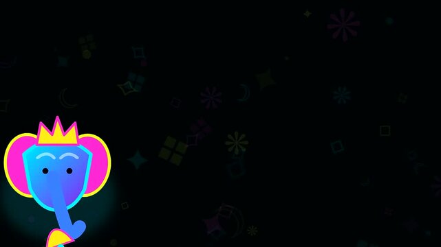 Three neon pink and blue elephant characters float amidst a diwali celebration display while intricate henna ornament patterns illuminate the dark void with glowing vibrant shapes