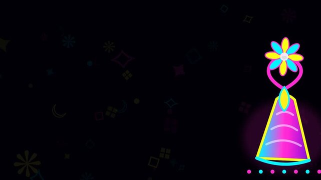 Vibrant glowing diwali henna ornament digital art features luminous floral patterns and artistic neon shapes floating across a dark void in this rhythmic animated motion sequence