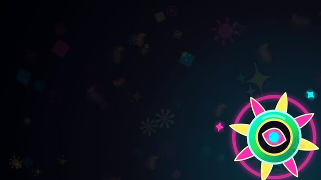 A mystical diwali eye orb radiates celestial energy featuring a henna ornament motif in this digital motion graphic capturing vibrant neon glowing shapes and particles