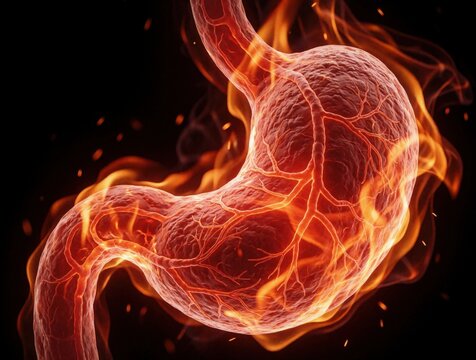 Human stomach organ engulfed in bright orange flames. Burning gastric anatomy represents intense heartburn, acid reflux, digestive pain. Medical concept shows inflammation, ulcer, indigestion issues