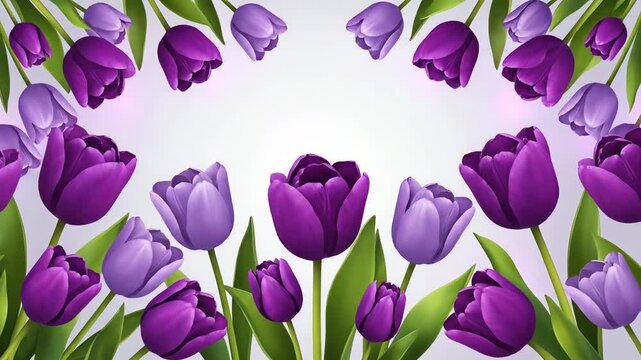 Purple tulip flower border on white background