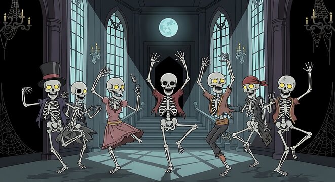 An energetic group of spooky skeletons dressed in festive costumes celebrating a joyful party inside an old haunted mansion under the glowing moonlight during a scary night festival