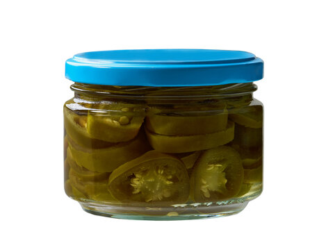 Glass jar with pickled jalapeno isolated on a white background.