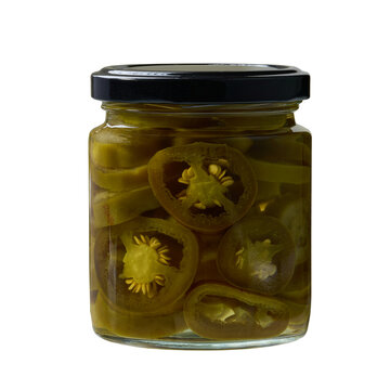 Glass jar with pickled jalapeno isolated on a white background.