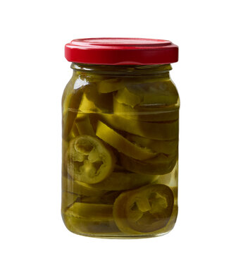 Glass jar with pickled jalapeno isolated on a white background.