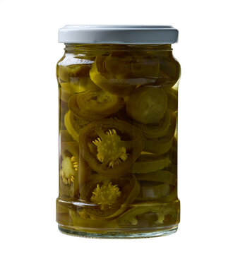 Glass jar with pickled jalapeno isolated on a white background.