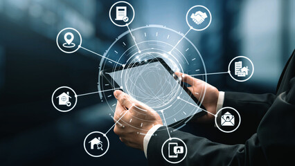 Fototapeta premium Online property search icons showing real estate rent, sale, housing, location, property management, key, contract, mortgage, home loan, and housing market. Gist