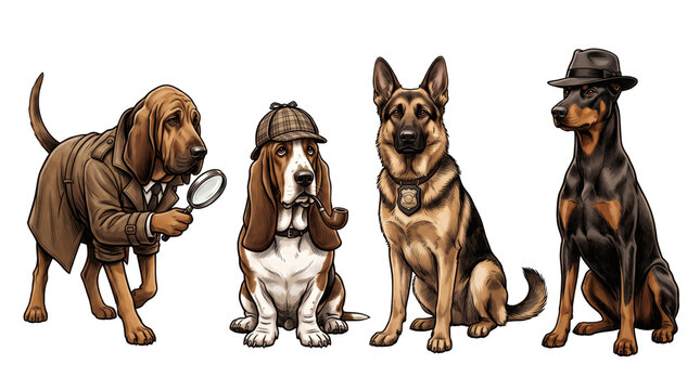 Set of comic detective bloodhound dogs dressed in trench coats and Sherlock deerstalker caps. Funny canine investigator mystery mascot characters on white background template display setting.