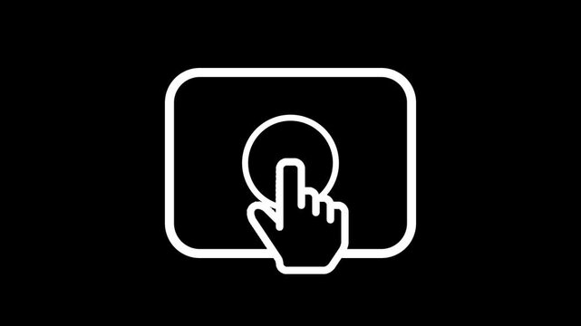 Animation of hand pointer clicking a rounded rectangular button on a tablet outline on black background. Good for app UI, web design, or tech presentations.