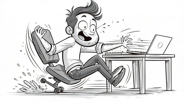 Workplace accident and office humor man falling backward in a rolling chair while working on a laptop cartoon style illustration of office mishap